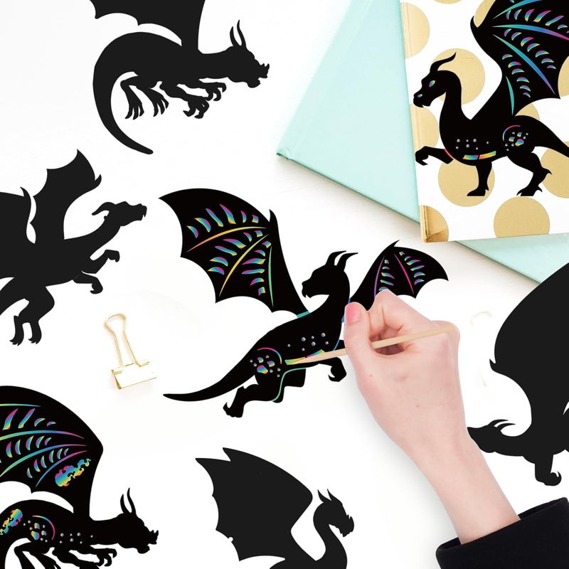 LUUFILx 80 Pcs Dragon Scratch Cards Colorful Rainbow Dragon Scratch Paper Art with Wooden Stylus for Birthday Party Classroom DIY Activities - Image 2